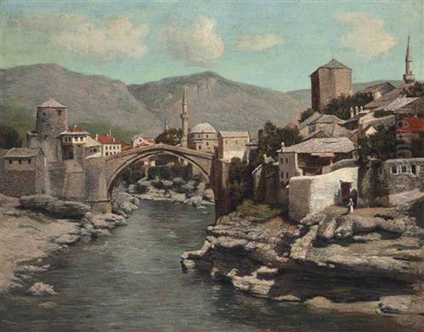 The Old Bridge In Mostar, Bosnia And Herzegovina Oil Painting by Spiro Bocaric