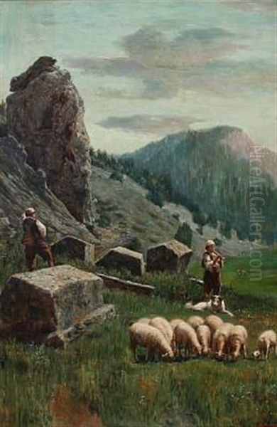 Shepherds In The Mountains With Their Sheep Oil Painting by Spiro Bocaric