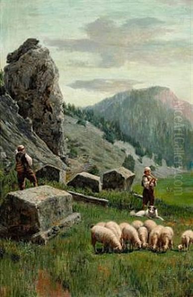 Shepherds In The Mountains With Their Sheep Oil Painting by Spiro Bocaric