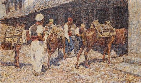 A Turkish Han Oil Painting by Spiro Bocaric