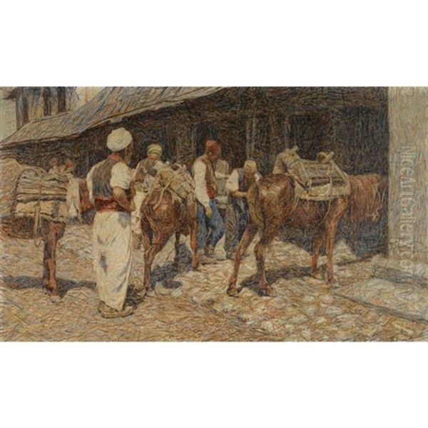 A Turkish Han Oil Painting by Spiro Bocaric