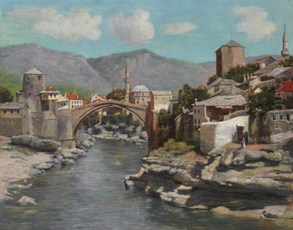 The Old Bridge In Mostar, Bosnia Oil Painting by Spiro Bocaric