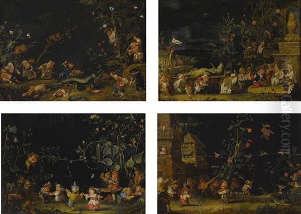 A Set Of Four Garden Scenes, The First Two Depicting The Capture And Death Of A Lizard Oil Painting by Faustino Bocchi