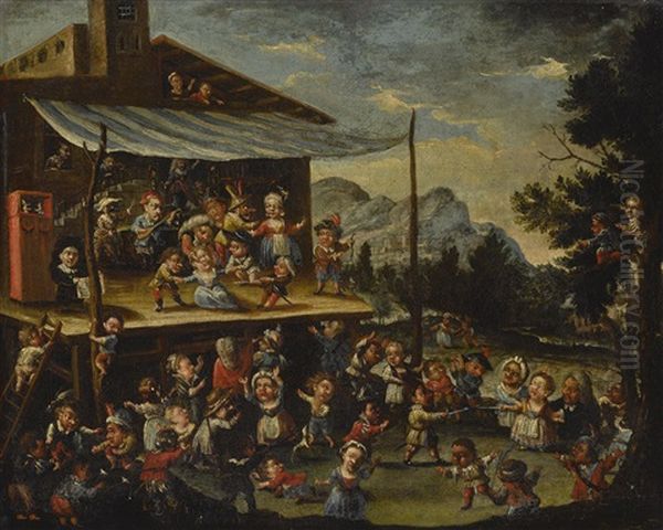 A Carnival Scene With Grotesque Figures And A Troupe Of Players Performing On An Outdoor Stage Oil Painting by Faustino Bocchi