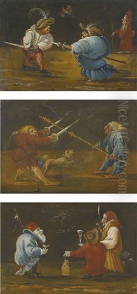 Three Scenes Of Dwarves Fighting Oil Painting by Faustino Bocchi