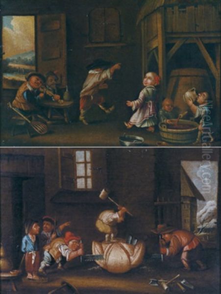 Zwerge Zerlegen Eine Frucht (+ Musizierende Zwerge In Einer Scheune, Pair) Oil Painting by Faustino Bocchi