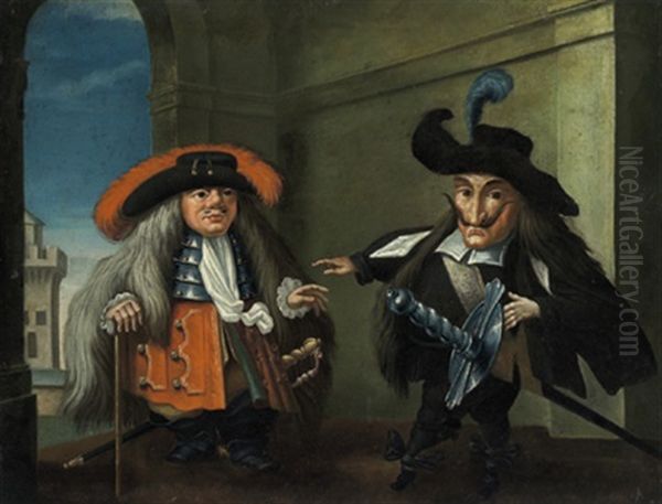 Zwei Kavaliere (+ Zwei Herren, Der Eine Schussel, Der Andere Eine Gans Haltend; Pair) Oil Painting by Faustino Bocchi