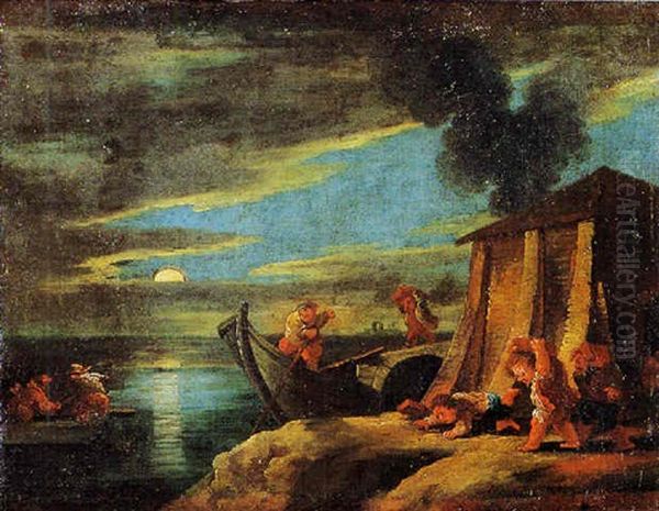 L'imbarco Dei Mattini Sul Burcio Al Chiar Di Luna Oil Painting by Faustino Bocchi