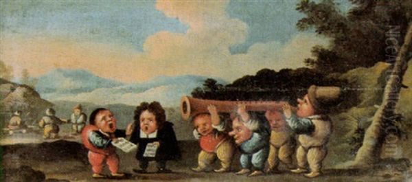 Musizierende Zwerge, Die Eine Flote Tragen, Auf Der Ein Zwerg Spielt Oil Painting by Faustino Bocchi