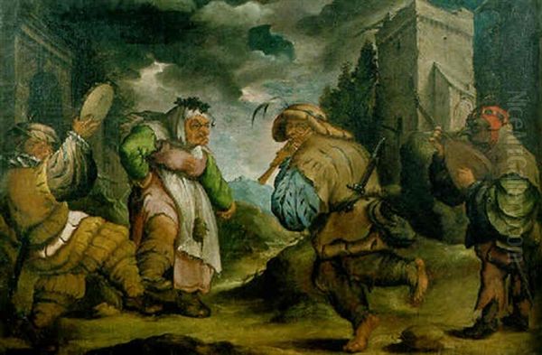 An Old Peasant Couple Dancing To A Tambourine And A Lute Oil Painting by Faustino Bocchi