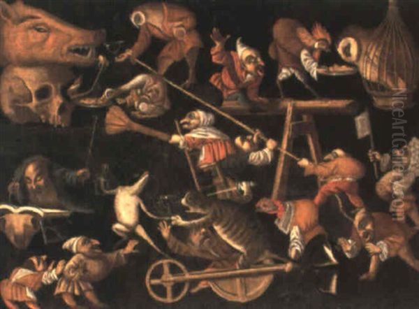 Imaginary Animals And Dwarves Fighting, Drinking And Carousing Oil Painting by Faustino Bocchi