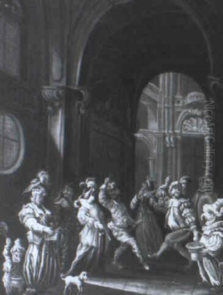 Masked Figures Dancing In An Interior Oil Painting by Faustino Bocchi