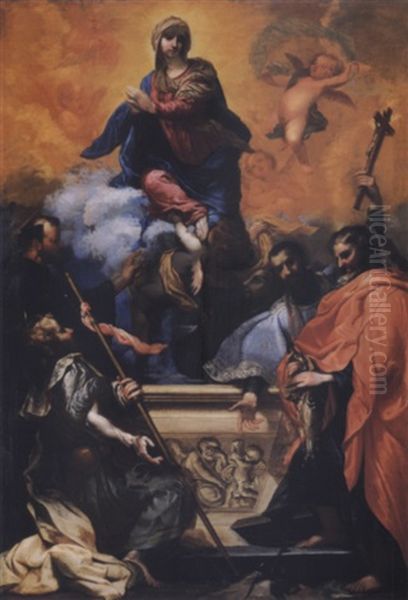 The Assumption Of The Virgin With Saints Jacobus,a Franciscan, Ignatius, Francis Xavier (or John Nepomuk) And Andrew Oil Painting by Clemente Bocciardo (il Clementone)