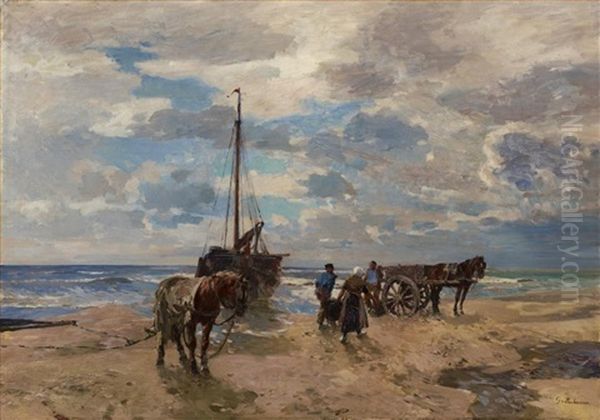 Fishermen On The Beach Oil Painting by Gregor von Bochmann the Elder