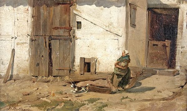 With The Dog In Front Of The Barn Oil Painting by Gregor von Bochmann the Elder