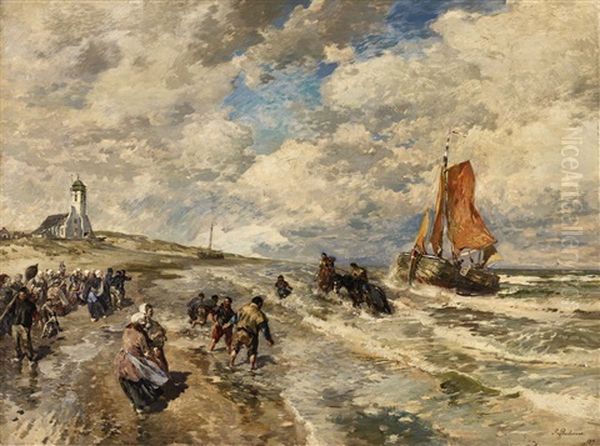 A Beach Scene Near Scheveningen Oil Painting by Gregor von Bochmann the Elder