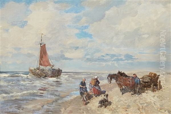 Coastal Landscape With A Cart And Sailing Boat Oil Painting by Gregor von Bochmann the Elder