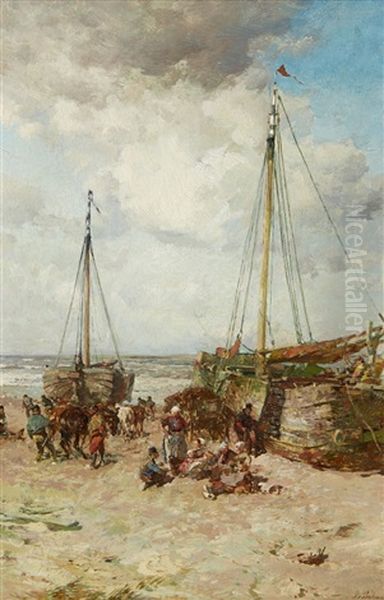 A Beach Scene With Fishers And Sailing Boats Oil Painting by Gregor von Bochmann the Elder