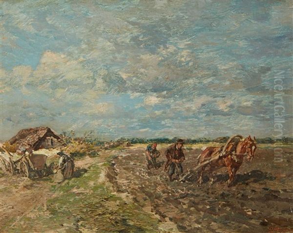 Landscape With Ploughmen Oil Painting by Gregor von Bochmann the Elder