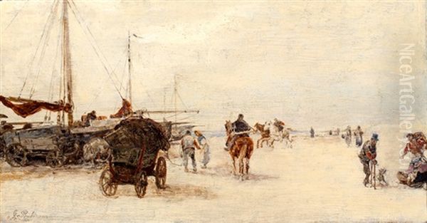 Vissers Met Paarden En Boten Op Het Strand Bij Katwijk Oil Painting by Gregor von Bochmann the Elder