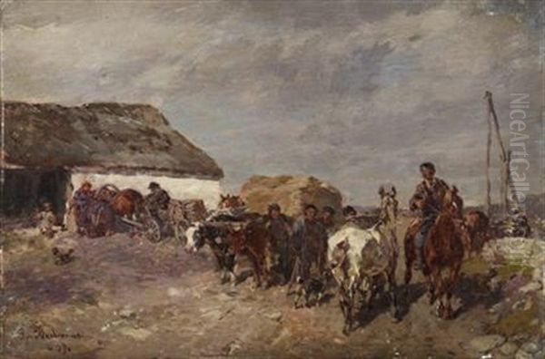 Farmyard Scene With Oxcart Oil Painting by Gregor von Bochmann the Elder