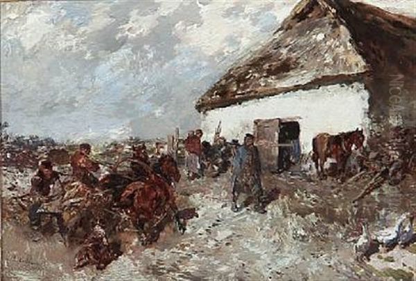 Farm Yard With Person And Animals Oil Painting by Gregor von Bochmann the Elder