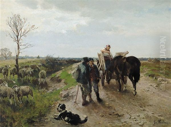 Begegnung Auf Der Landstrasse, Ein Bauer Und Ein Schafer Oil Painting by Gregor von Bochmann the Elder