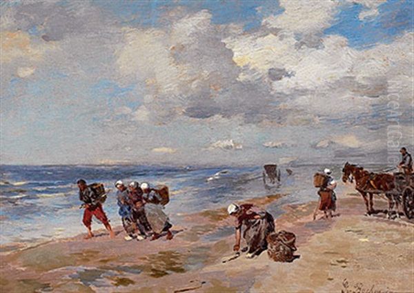 Sonniger Tag An Der Kuste Mit Muschel- Und Tangsammlerinnen Und Pferdewagen Oil Painting by Gregor von Bochmann the Elder