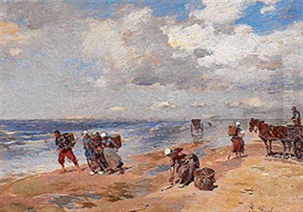 Sonniger Tag An Der Kuste Mit Muschel- Und Tangsammlerinnen Und Pferdewagen Oil Painting by Gregor von Bochmann the Elder