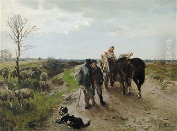 Begegnung Auf Der Landstrasse, Ein Bauer Und Ein Schafer Oil Painting by Gregor von Bochmann the Elder