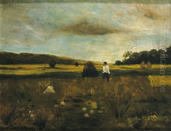 Estlandische Landschaft Mit Heuhaufen Und Bauer Oil Painting by Gregor von Bochmann the Elder