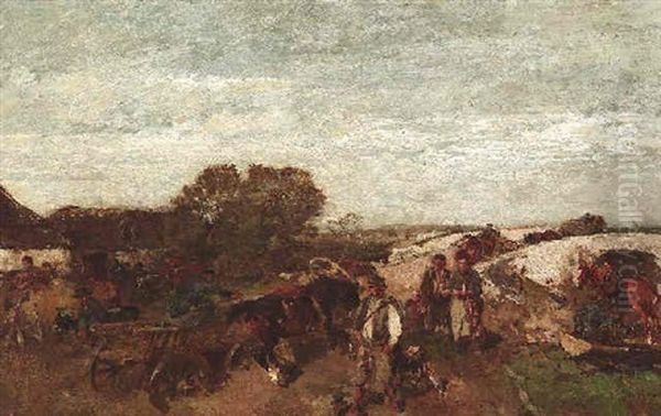 Bauern Mit Pferdefuhrwerken In Einem Estnischen Dorf Oil Painting by Gregor von Bochmann the Elder