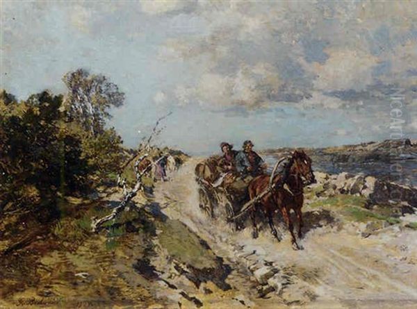 A Cart On A Sandy Track, Elstand Oil Painting by Gregor von Bochmann the Elder