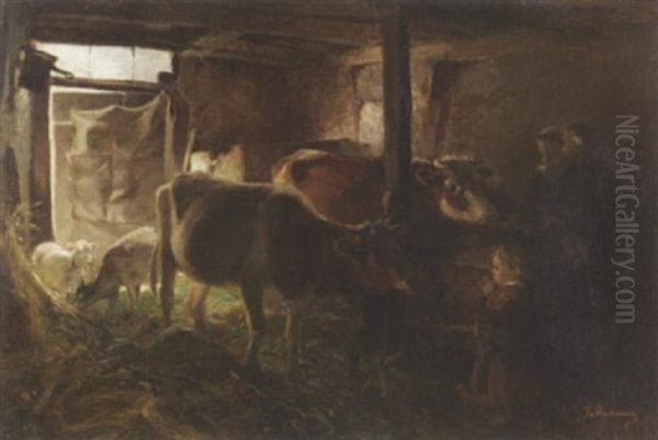 Im Stall: Bauerin Mit Ihren Kindern, Vieh Und Ziegen Im Stall Oil Painting by Gregor von Bochmann the Elder