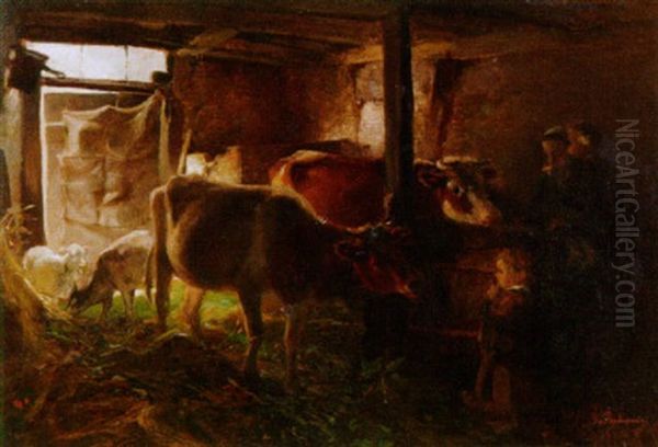 Im Stall - Bauerin Mit Ihren Kindern, Vieh Und Ziegen Im Stall Oil Painting by Gregor von Bochmann the Elder