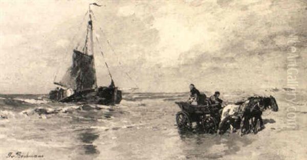 Fischerboot Und Pferdekarren Am Strand Oil Painting by Gregor von Bochmann the Elder