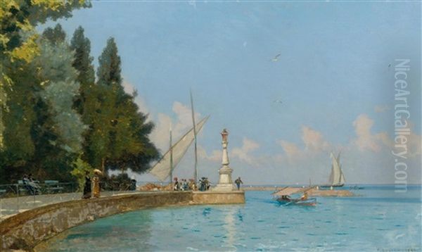 Promenade Sur Le Quai D'evian (promenade On The Evian Quay) Oil Painting by Francois-Louis-David Bocion