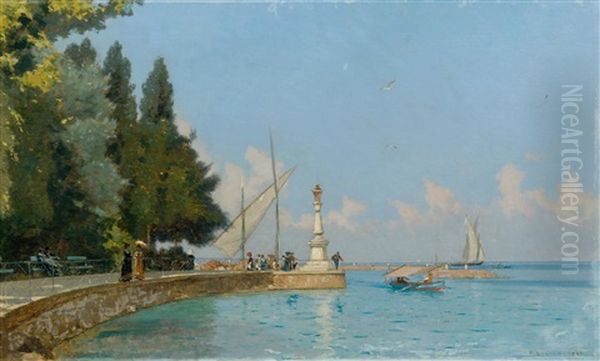 Promenade Sur Le Quai D'evian (promenade On The Evian Quay) Oil Painting by Francois-Louis-David Bocion