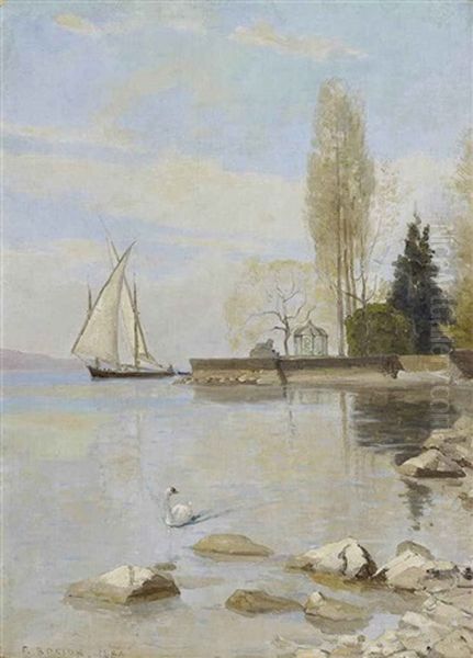 Barque Au Large Des Quais De Montreux Oil Painting by Francois-Louis-David Bocion