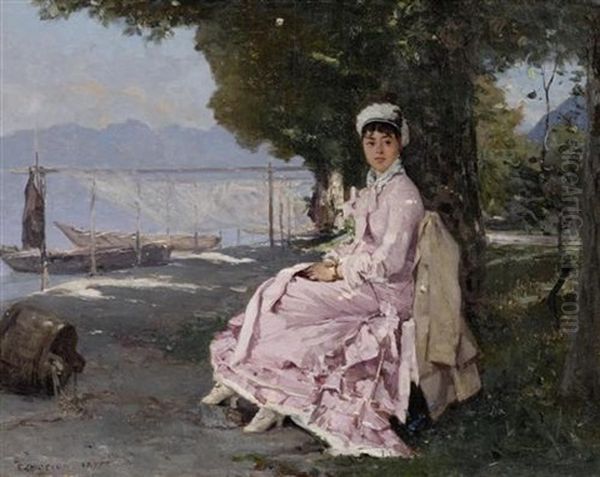 Uferpromenade Mit Einer Feinen Dame In Rosafarbenem Kleid Oil Painting by Francois-Louis-David Bocion