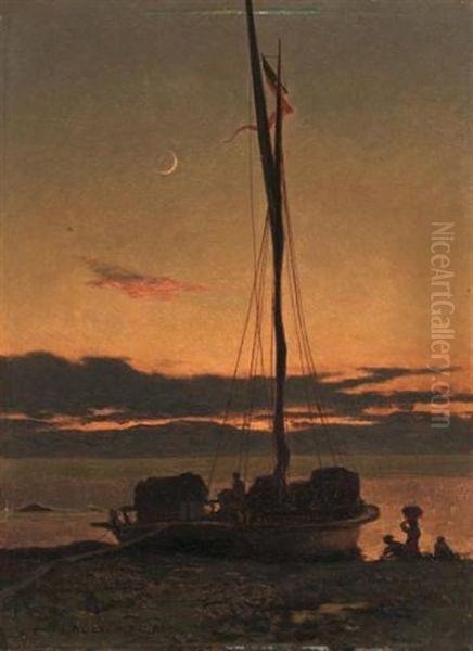 Barque Au Clair De Lune Oil Painting by Francois-Louis-David Bocion