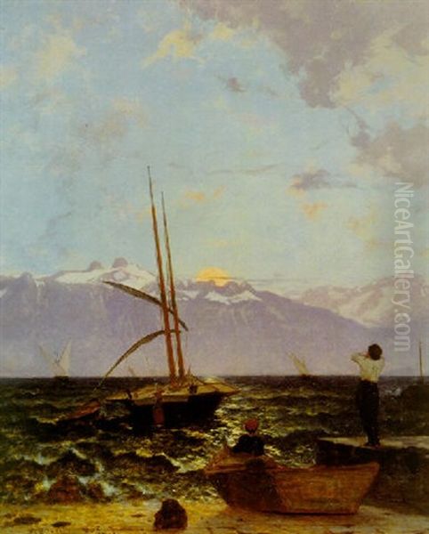 Lever De Lune Sur Le Leman Oil Painting by Francois-Louis-David Bocion