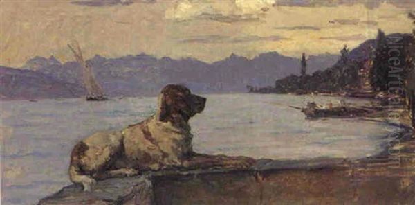 Genferseelandschaft Mit Hund Auf Einer Terrassenmauer Oil Painting by Francois-Louis-David Bocion