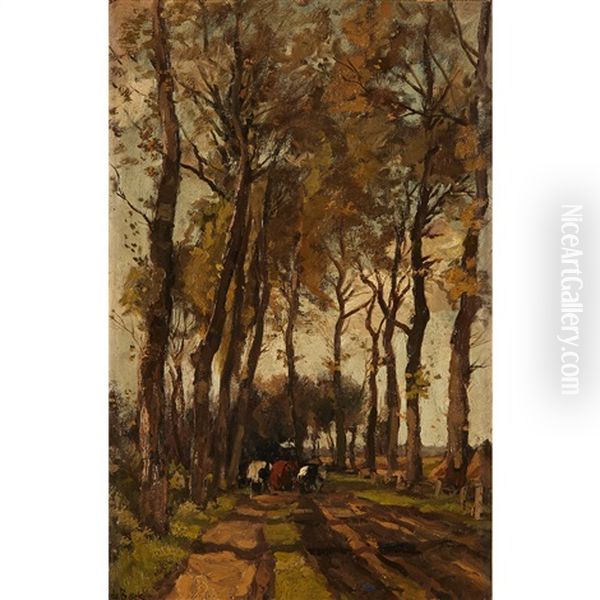 Tree Lined Pathway With Cattle Oil Painting by Theophile De Bock