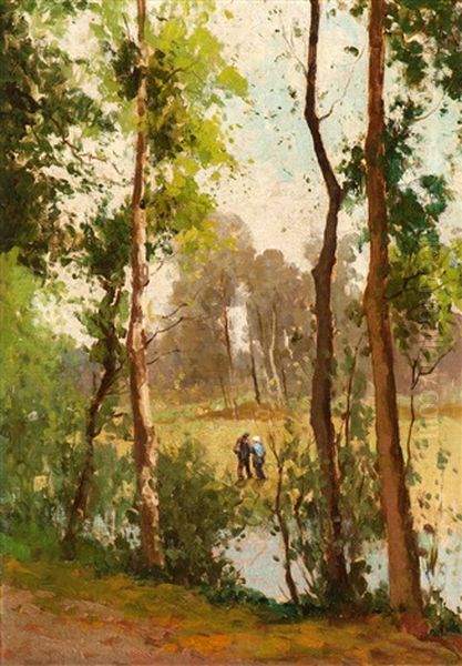 Two Wanderers In A Light Birch Forest Oil Painting by Theophile De Bock