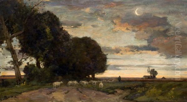 Avondlandschap Met Herder En Schaapskudde Oil Painting by Theophile De Bock