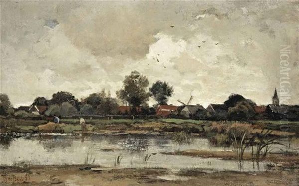 Achter Het Dorp (a River Landscape) Oil Painting by Theophile De Bock