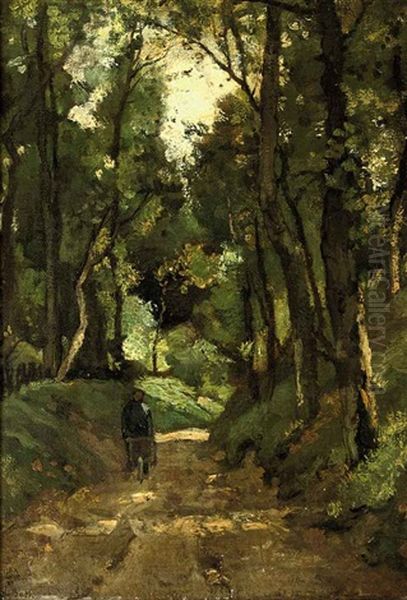 Man With Wheelbarrow In The Forest Oil Painting by Theophile De Bock