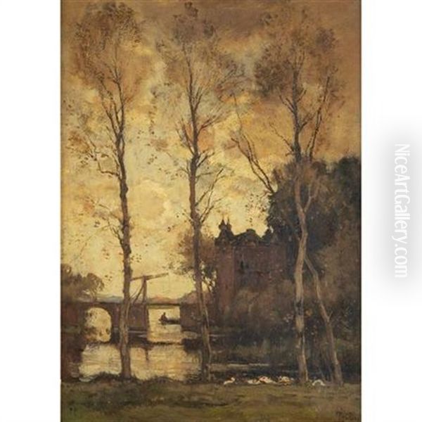 Boater Beside A Drawbridge At Sunset Oil Painting by Theophile De Bock