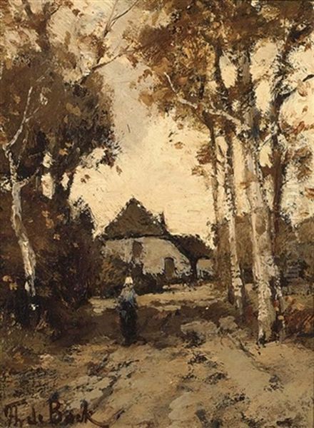 A Peasantwoman On A Path In A Forest Landscape Oil Painting by Theophile De Bock